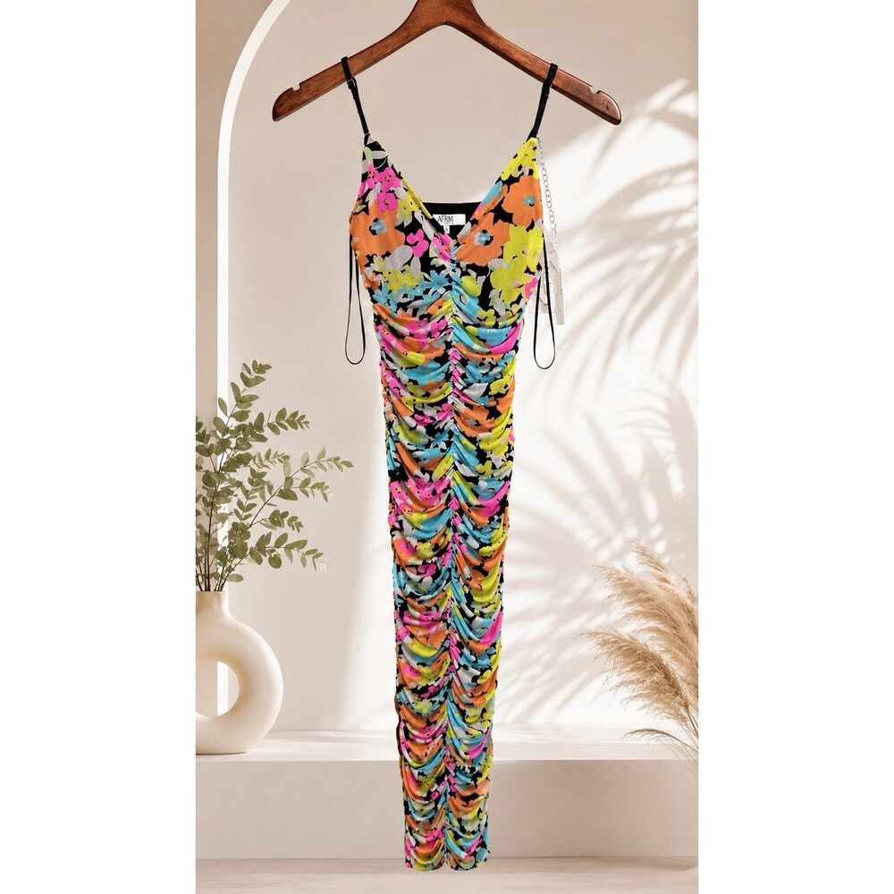 AFRM Ruched Mesh Maxi Dress Sky Floral Size XS NWOT